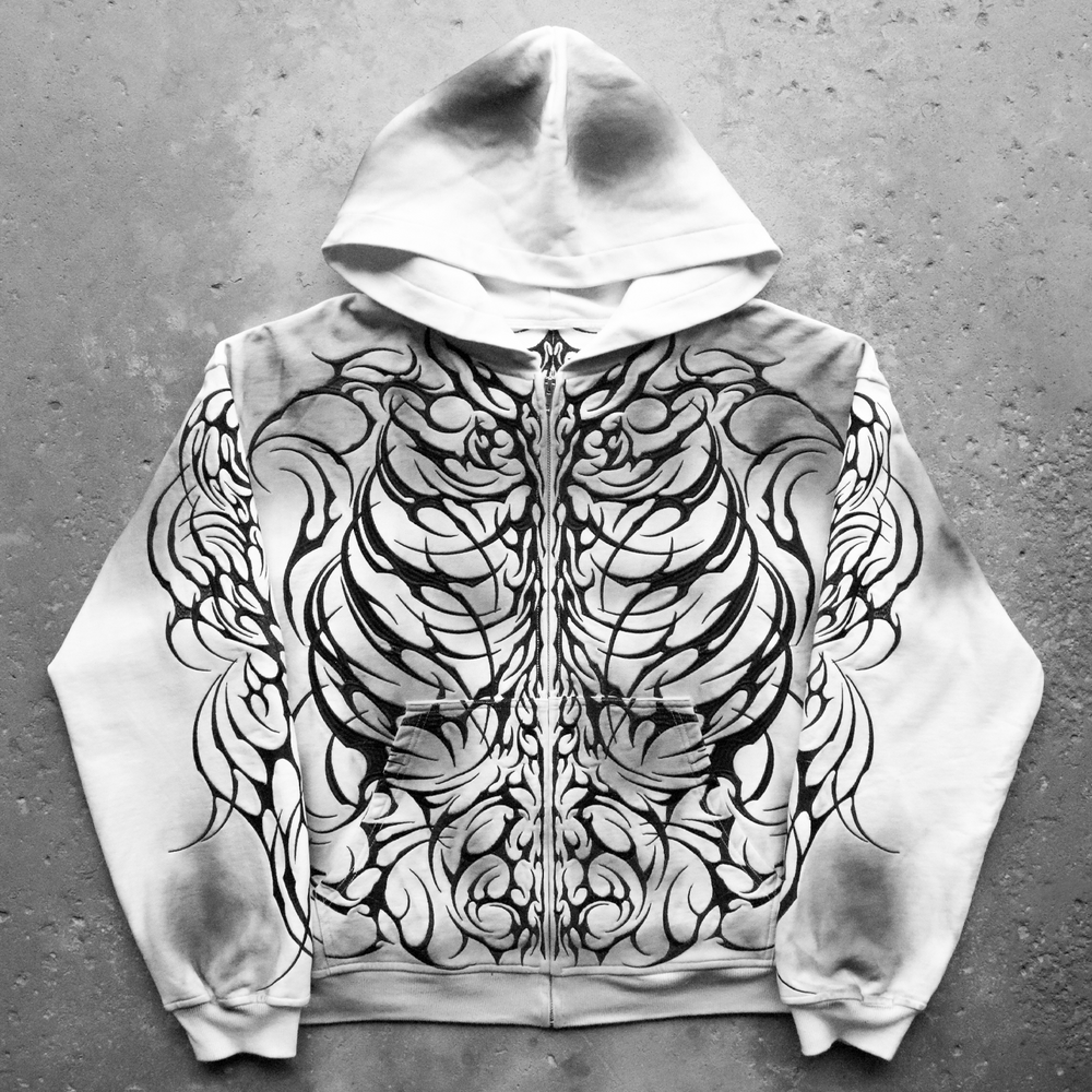 SKELETON EMBROIDERED ZIP UP WHITE